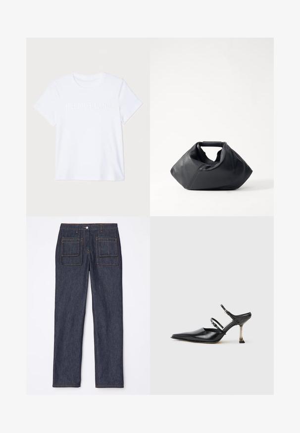 Balts kokvilnas T-krekls ar īsām piedurknēm, ar smalku iecirstu "HELMUT LANG" logo uz krūšu. Apaļš kakla izgriezums, gluda tekstūra.; Tumši zili džinsi ar taisnu kāju dizainu, ar divām aizmugurējām kabatām un kontrastējošu oranžu diegu.; Melna ādas kurpe ar smailu purngalu un diviem regulējamiem siksniņām, kā arī metāla papēdi. Gluda tekstūra un minimālistisks dizains.; Melna ādas soma ar teksturētu virsmu, unikālu saplacinātu formu un īsu rokturi. Satur vienu galveno nodalījumu.