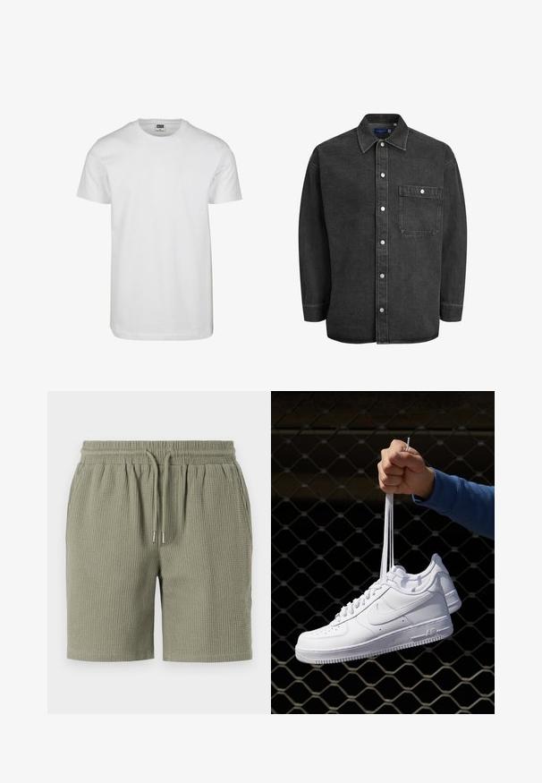 Valkoinen puuvillainen t-paita, jossa on pyöreä kaula-aukko, lyhyet hihat ja rento istuvuus. Tagi lukee "URBAN CLASSICS." Sileä rakenne, ei kuvioita tai korostuksia.; Mustat denimpaitat pitkähihaisilla, levitteillä kauluksilla, napillista etuosaa ja yhdellä rinnustaskulla. Varustettu hopeisilla neppareilla ja rentolla istuvuudella.; Vihreät, vohveliraeetut shortsit, joissa on joustava vyötärö, nyöri ja rento istuvuus. Suorahelma lahkeissa.; Valkoiset nahkasneakersit, joissa on rei'ityksiä, pyöreä kärki, tasapohja ja paksut nauhat, joissa on näkyvä swoosh-logo ja "AIR" kantapäässä.