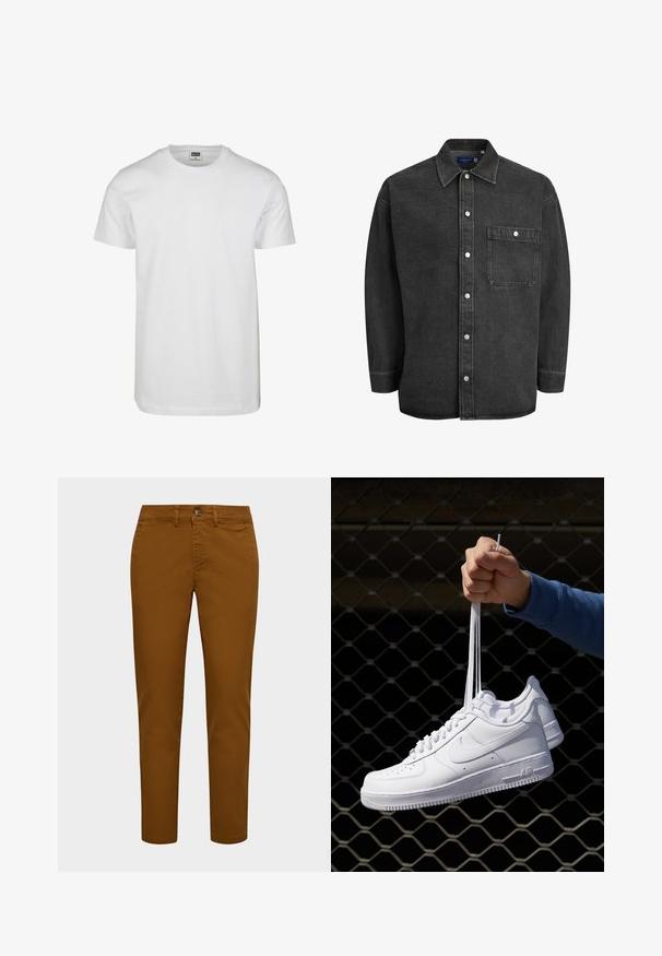 Bílý bavlněný tričko s kulatým výstřihem, krátkými rukávy a volným střihem. Štítek uvádí "URBAN CLASSICS." Hladký povrch, žádné vzory ani detaily.; Černá džínová košile s dlouhými rukávy, širokým límcem, zapínáním na knoflíky a jednou kapsou na hrudi. Obsahuje stříbrné patentky a volný střih.; Hnědé bavlněné chinos kalhoty s úzkým střihem, s předním zapínáním na knoflík a poutky na opasek. Hladká textura a zúžené nohavice.; Bílé kožené tenisky s perforacemi, kulatou špičkou, plochou podrážkou a silnými tkaničkami, které mají viditelné logo swoosh a nápis "AIR" na patě.