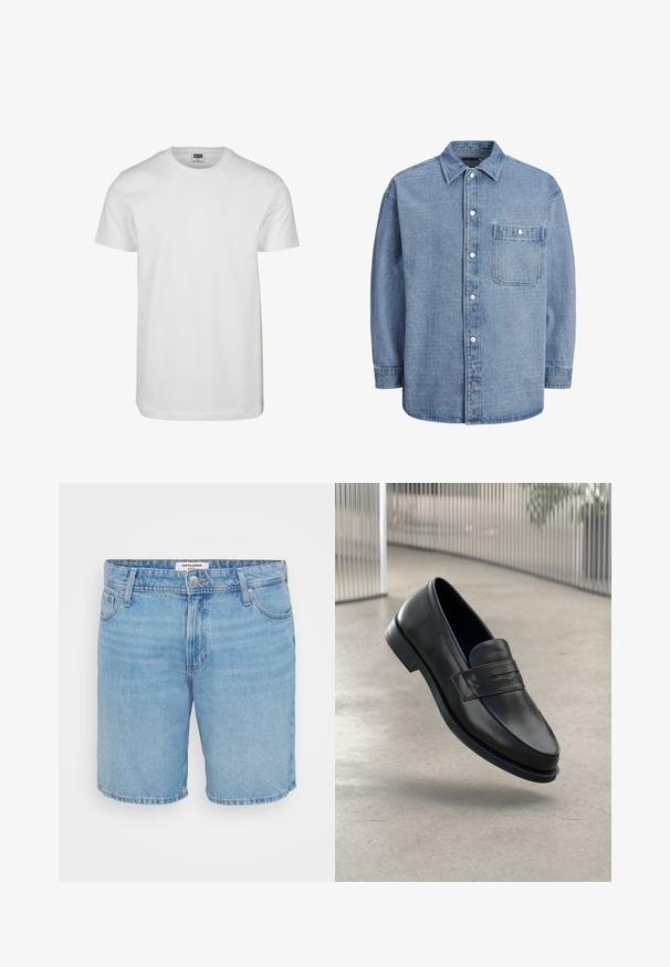 Valkoinen puuvillainen t-paita, jossa on pyöreä kaula-aukko, lyhyet hihat ja rento istuvuus. Tagi lukee "URBAN CLASSICS." Sileä rakenne, ei kuvioita tai korostuksia.; Vaaleansininen farkkupaita, jossa on klassinen kaulus, edessä napitus ja yksi rintatasku läpällä ja napilla.; Vaaleansiniset farkkushortsit, joissa on perinteinen malli. Shortsien varustuksessa on viisi taskua, napituksessa ja hienovaraisessa haalistumisessa. Saumojen viimeistely on siisti ja tekstuuri on sileä.; Mustat nahkaiset loaferit, joissa on sileä pinta, kärjekäs kärki ja koristeellinen remmi jalkapöydän yli. Kevyt pohja, minimalistinen muotoilu.
