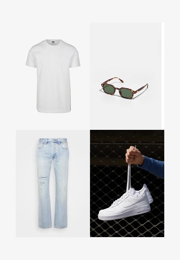 Valge puuvillane t-särk ümarate kraega, lühikeste varrukate ja lõdva lõikega. Sildil on kiri "URBAN CLASSICS." Sile tekstuur, ilma mustrite või aktsentideta.; Heledad sinine teksapüksid otse lõikega, millel on kulumisjälgedega laigud ja piettud ääred. Õrn hägustumine ja klassikalised riistvarasümbolid.; Valged nahast tennisetossud, millel on perforatsioonid, ümar nina, lame tallus ja paksud nöörid, nähtava swooshi logoga ja "AIR" kontsadel.; Kilpkonnakuju prillid roheliste läätsega, millel on kaheksanurkne kuju ja kitsad, kaarduvad varred. Materjalil on läikiv viimistlus.