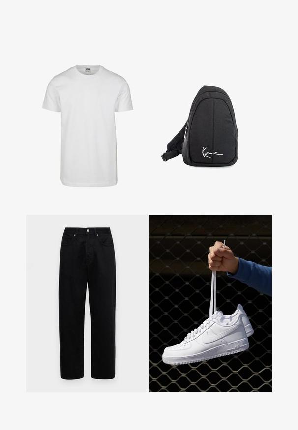 Bijela pamučna majica s okruglim izrezom, kratkim rukavima i opuštenim krojem. Oznaka kaže "URBAN CLASSICS". Glatka tekstura, bez uzoraka ili naglasaka.; Crne traperice od denima s ravnim krojem, pet džepova, metalnim zatvaranjem te suptilnom teksturom.; Bijele kožne tenisice s perforacijama, okruglim vrhom, ravnim potplatom i debelim vezicama, s vidljivim swoosh logom i natpisom "AIR" na peti.; Crni platneni ruksak sa sling stilom s glatkom teksturom, koji ima zakrivljen dizajn, zatvoreni odjeljak sa zatvaračem i bijeli logo sprijeda.