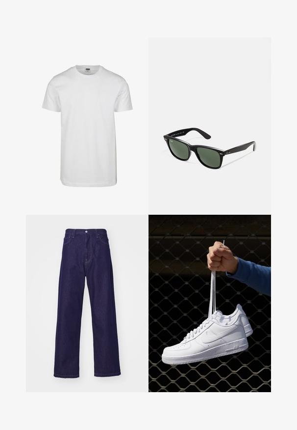 Valge puuvillane t-särk ümarate kraega, lühikeste varrukate ja lõdva lõikega. Sildil on kiri "URBAN CLASSICS." Sile tekstuur, ilma mustrite või aktsentideta.; Tumed sinised laiad püksid kõrgema vöökohaga, mis sisaldavad esikotte ja nööbiga sulgemist, näidates sujuvat ja vastupidavat tekstuuri.; Valged nahast tennisetossud, millel on perforatsioonid, ümar nina, lame tallus ja paksud nöörid, nähtava swooshi logoga ja "AIR" kontsadel.; Mustad mustan plastiku prillid roheliste läätsedega, ruudukujulised raamid, hõbedane aksent kulmude peal ja tekstuuriga tempelkäed. Brändi nimi on märgitud sisevarrele.