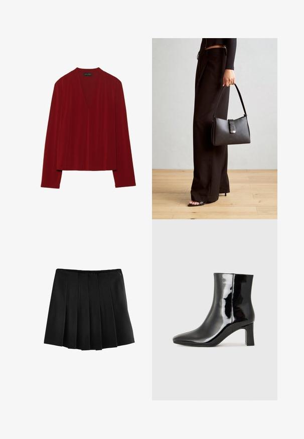 Rotes Langarmoberteil aus weichem Stoff, mit einem tiefen V-Ausschnitt und einer lässigen Passform. Glatte, minimale Textur ohne sichtbare Muster.; Next PONTE - A-Linien-Rock - black; Schwarzer Lackleder-Stiefelette mit spitzer Zehe und einem mittelhohen Blockabsatz. Glatte Textur und minimalistisches Design.; Schwarze Handtasche mit strukturierter Form, glatter Textur und einem metallischen Verschluss. Kombiniert mit weiten schwarzen Hosen und offenen Sandalen auf einem Holzboden.