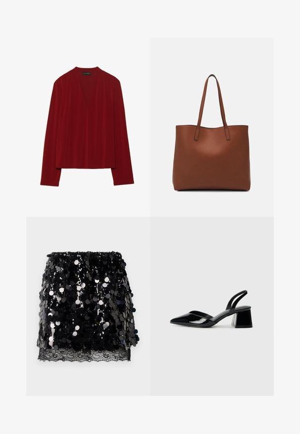 Sarkana garā piedurkņu krekls, izgatavots no mīkstas auduma, ar dziļu V veida kakla izgriezumu un brīvu piegriezumu. Gluda, minimāla tekstūra bez redzamām rakstām.; Melna mini svārku ar lieliem spīdīgiem spīdumiem, kas tiek kārtoti virs smalkas melnas mežģīņu apdari apakšmalā, uz balta fona.; Melna lakota āda ar atvērto papēdi, ar smailu purngalu un ģeometrisku blokpapēdi. Iezīmējas elegants, minimāls dizains un gluda tekstūra.; Brūna ādas iepirkumu soma ar gludu tekstūru, atvērta augšdaļa un divas plecu siksnas. Izceļas ar minimālām šuvēm un redzamu aparatūru nav.