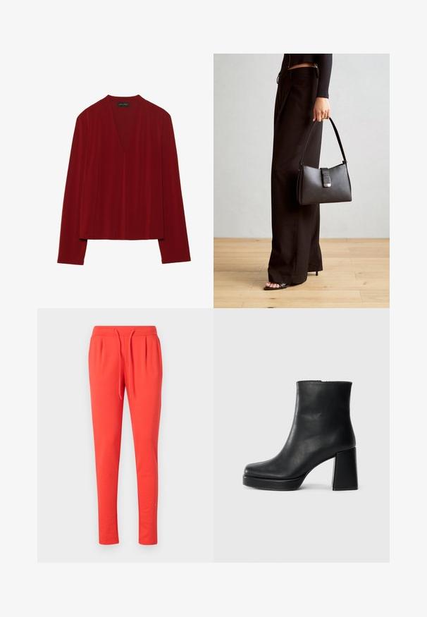 Sarkana garā piedurkņu krekls, izgatavots no mīkstas auduma, ar dziļu V veida kakla izgriezumu un brīvu piegriezumu. Gluda, minimāla tekstūra bez redzamām rakstām.; Sarkani jogger bikses, kas izgatavotas no mīksta materiāla, ar elastīgu jostu un regulējamu auklu. Biksēm ir sašaurināts kāju dizains.; Melna ādas potīšu zābaku ar bloku papēdi un platformas zoli, skatīts no sāna uz vienkārša balta fona.; Melnā somiņa ar strukturētu formu, gludu tekstūru un metālu sprādzi. Saskaņota ar platām melnām biksēm un sandālēm ar atvērtu purngalu uz koka grīdas.