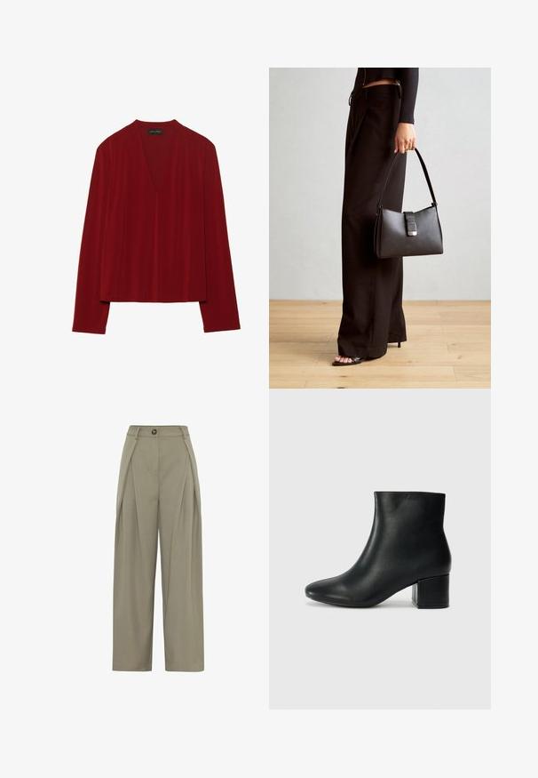 Piros, hosszú ujjú felső, puha anyagból, mély V kivágással és laza fazonnal. Simább, minimalista textúrával, látható minták nélkül.; Moves LAURO - Nadrágok - fossil; Fekete bőr bokacsizma hegyes orral és vastag sarokkal. Sima felület minimális díszítéssel és karcsú, passzos kialakítással.; Fekete kézi táska strukturált formával, sima textúrával és fémből készült záródással. Széles fekete nadrággal és nyitott orrú szandállal párosítva, fából készült padlón.