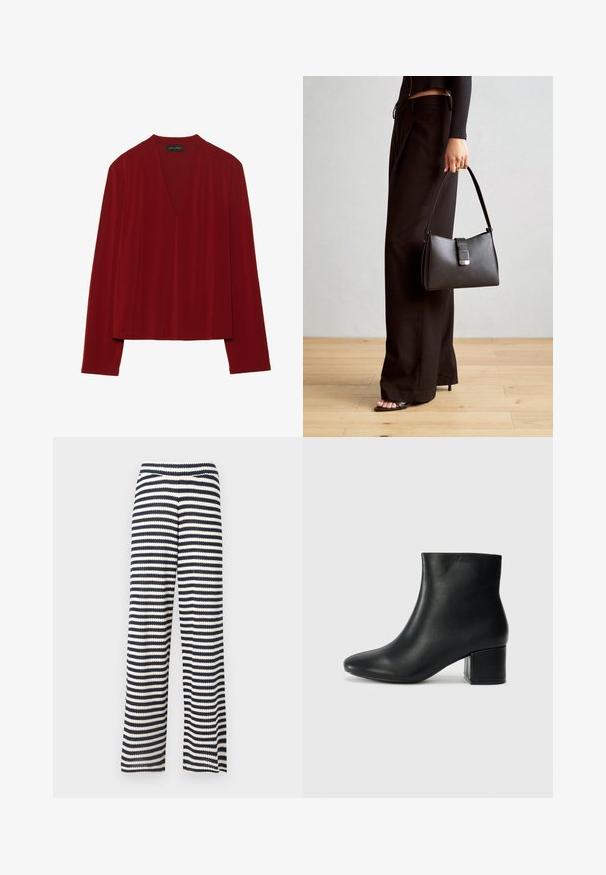 Haut rouge à manches longues en tissu doux, présentant un décolleté en V profond et une coupe décontractée. Texture lisse et minimale sans motifs visibles.; Pantalons larges en tissu tricoté, avec des rayures horizontales bleu marine et crème, une surface texturée et une taille élastique.; Bottines en cuir noir avec un bout pointu et un talon épais. Texture lisse avec des accents minimalistes et un design élégant et ajusté.; Sac à main noir à la forme structurée, texture lisse et fermoir métallique. Associé à un pantalon noir ample et des sandales ouvertes sur un sol en bois.