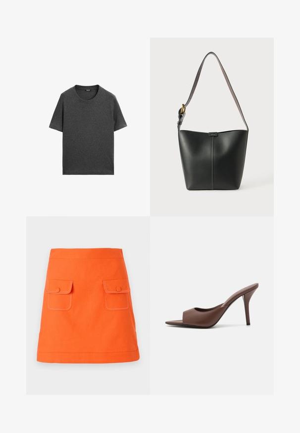 Donkergrijze korte mouwen t-shirt van zacht katoen. Beschikt over een klassieke ronde hals en rechte zoom zonder patronen of accenten.; Oranje katoenen rok met twee voorzakken, knoopsluitingen en contrasterende witte stiksels. A-lijn vorm met een gedefinieerde tailleband.; Bruine leren open-teen hoge hak muiltjes met een slank ontwerp, voorzien van een brede voorkruistrap en een slanke stiletto hiel.; Zwarte leren schoudertas met een gladde textuur, gebogen vorm en een enkele verstelbare schouderriem voorzien van gouden hardware en een merkaccent.