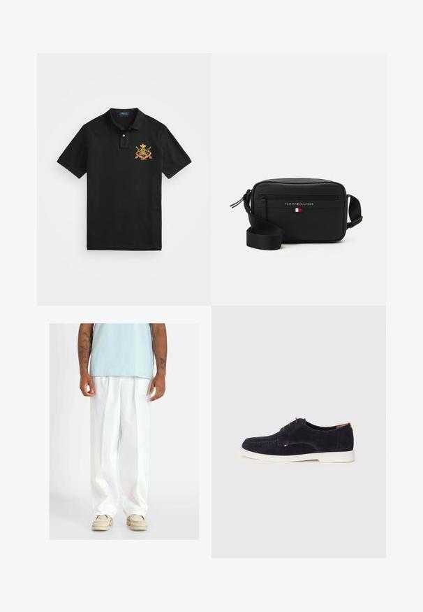 Zwarte polo shirt gemaakt van katoen, met een klassieke kraag, eenluiting met twee knopen en een geborduurd embleem op de linkerborst.; Witte wijde broek met een soepele textuur, voorzien van voorplooien. Draagt een lichtblauwe top en beige schoenen.; Marineblauwe suède veterschoenen met een witte rubberen zool, voorzien van een gestikte teendetail en een klein drie-kleuren logo accent aan de zijkant.; Zwarte schoudertas van textuurmateriaal met een ritscompartiment, verstelbare schouderband en een logo met een driekleurig accent.