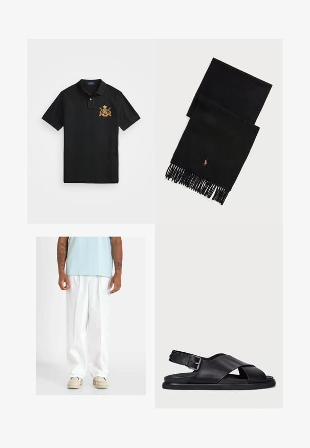 Camiseta polo negra de algodón, con cuello clásico, tapeta de dos botones y un escudo bordado en el lado izquierdo del pecho.; Pantalones anchos blancos con una textura suave, con pliegues frontales. Combinados con una blusa azul clara y zapatos beige.; Polo Ralph Lauren ZANE LEATHER SANDAL - Sandalias - black; Bufanda negra de lana con extremos con flecos y un pequeño logotipo bordado de un jugador de polo en rojo y marrón cerca de uno de los bordes.