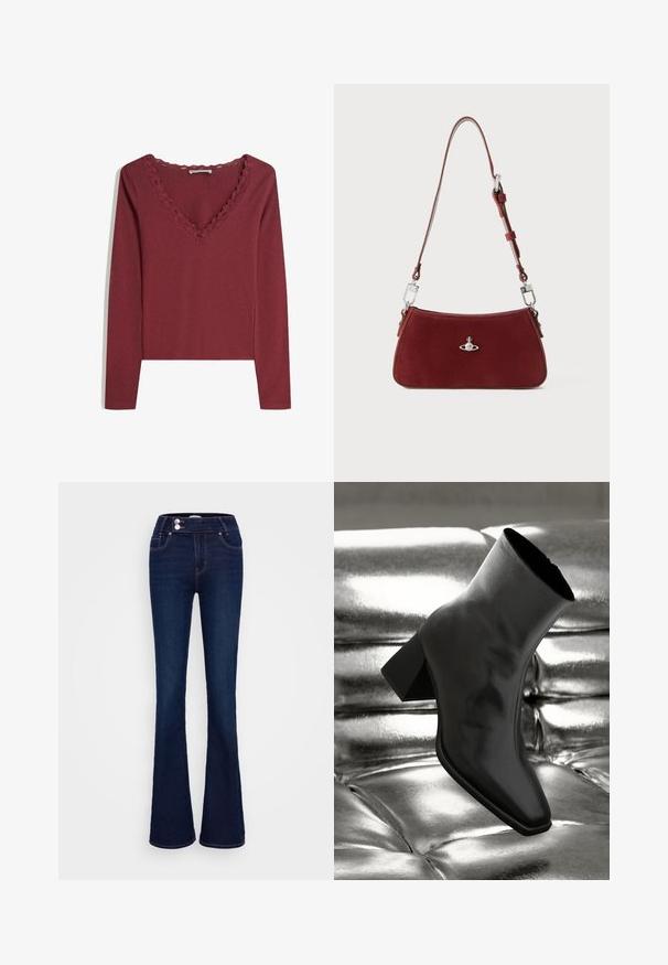 Bordo dukserica dugih rukava s V izrezom koja ima čipkast rub s valovitim uzorkom. Mekana tkanina s uskim krojem i bočnim prorezima na rubu.; Tamno plave široke traperice s visokim strukom, dva prednja džepa i dva dugmad za zatvaranje. Napravljene od denima s glatkom teksturom.; Crni gležnjača napravljena od sjajnog materijala sa četvrtastim vrhom i suženom petom, postavljena protiv srebrne sjajne pozadine sa nabranim uzorkom.; Crvena suede torba preko ramena s zakrivljenim oblikom. Ima srebrni naglasak i podesivu traku s detaljima od hardvera. Glatka tekstura.