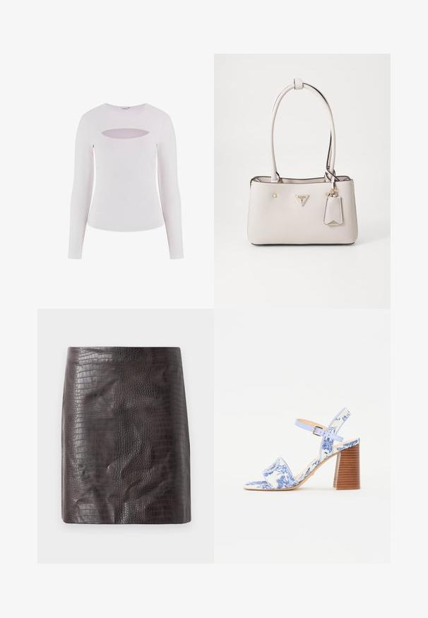 Bijela majica dugih rukava s rebrastom teksturom, s okruglim izrezom i horizontalnim izrezom ispod izreza.; Mini suknja s uzorkom krokodila u tamnosmeđoj boji, s glatkom teksturom i prilagođenim krojem s laganim izrezom na rubu.; Plave sandale s cvjetnim uzorkom, kvadratnog vrha, širokim remenom i podesivim remenom oko gležnja, s teksturiranim drvenim blok potplatom.; Bežna tašna od sintetičke kože s glatkom teksturom, dvostrukim naramenicama, zlatnim hardverom, logotipom na oznaci i pričvršćenom oznakom.