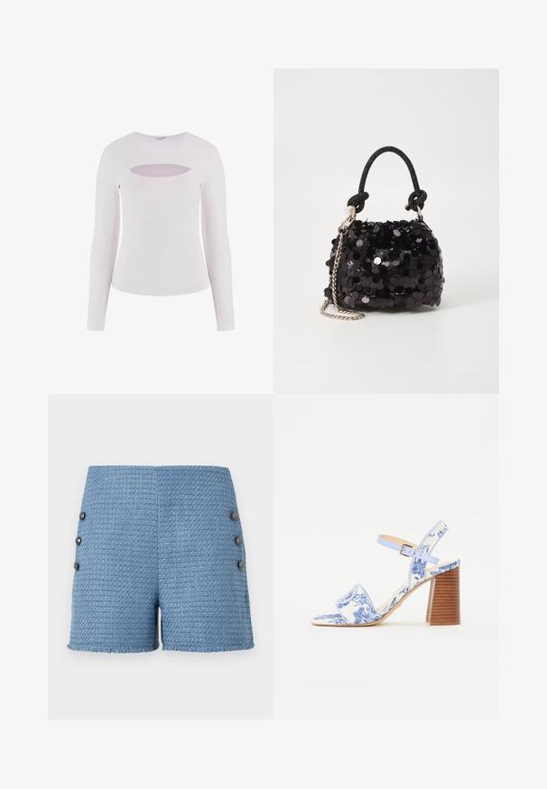 Valge pikkade varrukatega pluus ribakujulise tekstuuriga, ümarate kaelusrihmadega ja horisontaalse lõikega kaeluse all.; Sinised kootud lühikesed püksid, mis on valmistatud tekstureeritud kangast, fraktsioonse äärisega ja külgedel nelja dekoratiivse nööbiga lisadetaili jaoks.; Sinine lillemustriga sandaal ruudukujulise varbaga, laia riba ja reguleeritava pahkluu rihmaga, millel on tekstuuriga puidust plokk-kann.; Must have mustrõngus mustal sädelev mini käekotil on sõlme tekstuuriga rihm ja hõbedane ketis. Ümar kuju, kokku kogutud ülaosa ja peegeldav detail.