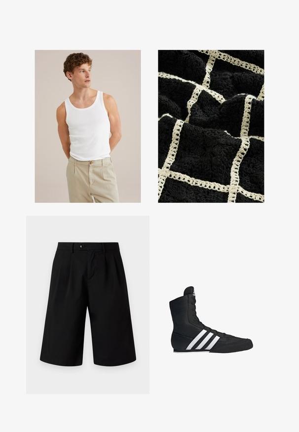 Weißes Baumwoll-Top mit rundem Ausschnitt und breiten Trägern, kombiniert mit hellbeigen Hosen mit einem Knopf und Falten.; Schwarze, strukturierte Decke mit einem gewebten, cremefarbenen Gittermuster, erhöhten Blumendesigns und einer weichen, plüschigen Oberfläche.; Jack & Jones JPSTBILL FLINT - Shorts - black; Schwarzer High-Top-Sportschuh mit einem strukturierten Stoffobermaterial, das drei weiße Streifen und ein geschnürtes Vorderdesign aufweist. Flache Gummisohle am Boden.