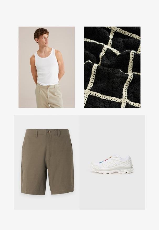 Balta kokvilnas bezšuvju blūze ar apaļu kakla izgriezumu un platajām siksnām, kombinēta ar gaismas beidzlaika biksēm ar pogu un krokām.; Melna teksturēta sega ar austu krēmkrāsas režģi, paaugstinātiem ziedu rakstiem un mīkstu, pūkainu apdari.; Olivzaļas bikses, kas izgatavotas no teksturēta auduma, ar pogu aizdari un plakanu priekšpusi, ar sānu kabatām funkcionalitātei.; Balti sporta apavi ar teksturētu sietu augšdaļu, atstarojošiem akcentiem un mīkstu zoli. Izteikts zīmola logotips sānos.