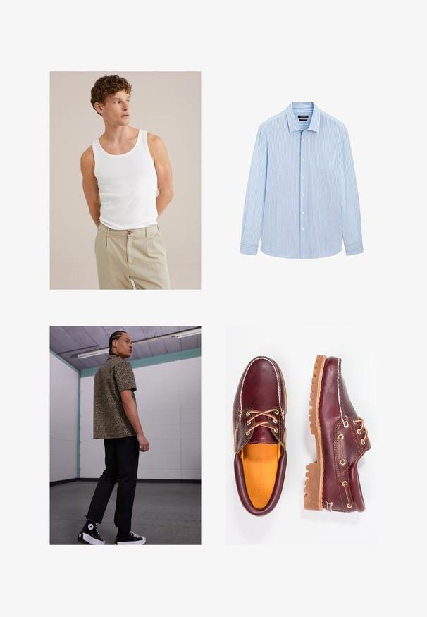 Top in cotone bianco con scollo tondo e spalline larghe, abbinato a pantaloni beige chiaro con bottone e pieghe.; Camicia azzurra chiara con righe bianche verticali, maniche lunghe, colletto e orlo dritto. Tessuto in misto cotone.; Camicia a maniche corte con stampa leopardata in marrone e nero, abbinata a pantaloni neri e sneaker alte nere con dettagli bianchi.; Scarpe in pelle bordeaux con suole in gomma marrone, punta rotonda, cuciture bianche e occhielli dorati. L'interno presenta un rivestimento giallo.