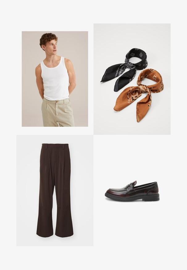 Balta medvilninė tankų palaidinė su apvalia iškirpte ir plačiomis petnešomis, derinama su šviesiai smėlinėmis kelnių, kurios turi mygtuką ir klostes.; Kavos platėjančios kelnės su aukštu liemeniu, su priekinėmis klostėmis ir diržo kilpom, pagamintos iš lygios, lengvos medžiagos.; Juodai ir vyno raudoni odiniai loafai su lygiu, blizgiu paviršiumi. Yra siuvinėta noselė ir žemas juodas guminis padas. Klasikinis dizainas.; Du duotie juostuotos skaros: viena juoda su baltais raštais, kita ruda su oranžiniais akcentais. Abi pagamintos iš satino, su smailiais galais.