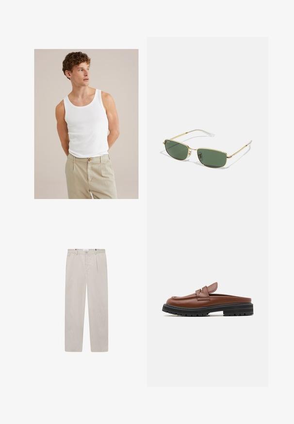 Top in cotone bianco con scollo tondo e spalline larghe, abbinato a pantaloni beige chiaro con bottone e pieghe.; Pantaloni beige chiaro realizzati in tessuto morbido, con taglio dritto, due tasche laterali e chiusura con bottone anteriore. Texture leggera e morbida.; Marni SABOT - Scarpe senza lacci - cognac; Occhiali da sole con montatura in metallo dorato e lenti verdi, forma angolare e punte delle astine trasparenti. Marchio distintivo sulla lente sinistra.