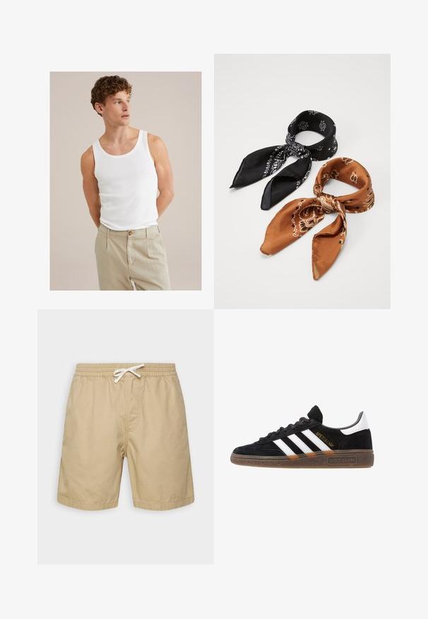 Biały bawełniany top na ramiączkach z okrągłym dekoltem i szerokimi ramiączkami, połączony z jasnobeżowymi spodniami z guzikiem i plisami.; Beżowe bawełniane szorty z elastycznym pasem, sznurkiem i dwoma bocznymi kieszeniami. Gładka tekstura, długość do kolan.; Czarny sneaker Adidas z białymi paskami, złotym napisem "Spezial", gumową podeszwą i białym elementem przy pięcie, przedstawiony w widoku z profilu.; Dwa wzorzyste szaliki: jeden czarny z białymi wzorami, drugi brązowy z pomarańczowymi akcentami. Oba wykonane z satyny, z wyraźnie zakończonymi końcami.