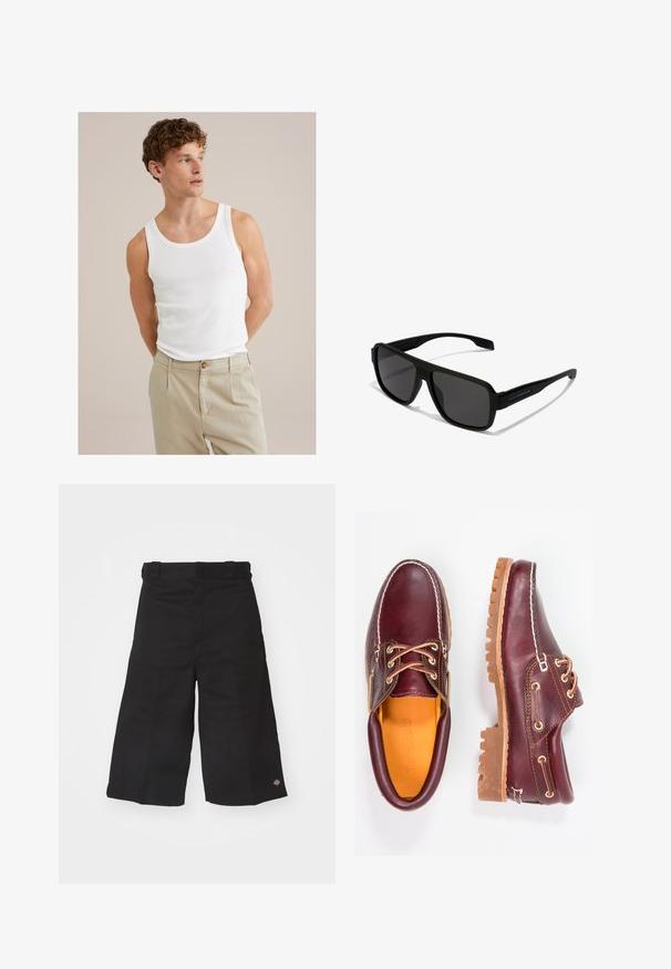 Top de algodón blanco sin mangas con escote redondo y tirantes anchos, emparejado con pantalones ligeros color beige que presentan un botón y pliegues.; Pantalones cortos de pierna ancha en negro, hechos de un tejido duradero. Presentan una textura suave y un pequeño logo en el dobladillo. Cuatro trabillas en la cintura.; Zapatos de cuero burdeos con suelas de goma marrón, puntera redonda, costuras blancas y ojales dorados. El interior cuenta con un forro amarillo.; Hawkers PARLAY - Gafas de sol - black