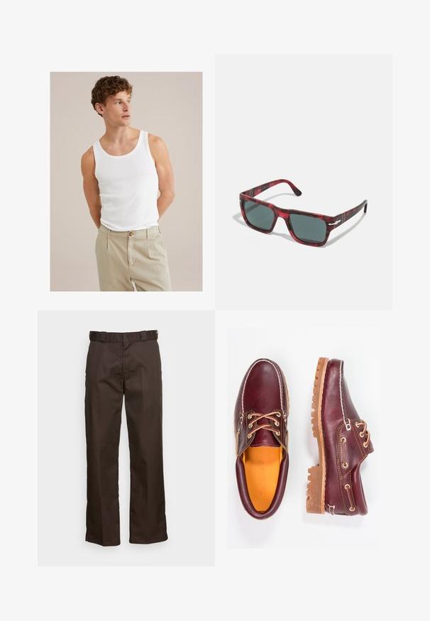 Biały bawełniany top na ramiączkach z okrągłym dekoltem i szerokimi ramiączkami, połączony z jasnobeżowymi spodniami z guzikiem i plisami.; Brązowe spodnie o prostym kroju, z płaskim przodem, szlufkami na pasek i gładką fakturą. Prosty design bez wzorów czy akcentów.; Bordowe skórzane buty z brązowymi gumowymi podeszwami, okrągły czubek, białe przeszycia i złote oczka. Wnętrze posiada żółtą podszewkę.; Czerwone okulary przeciwsłoneczne w kształcie kwadratowym z tortoise shell i ciemnozielonymi soczewkami. Posiadają srebrne akcenty na bokach. Teksturowana powierzchnia.; Dwa wzorzyste szaliki: jeden czarny z białymi wzorami, drugi brązowy z pomarańczowymi akcentami. Oba wykonane z satyny, z wyraźnie zakończonymi końcami.