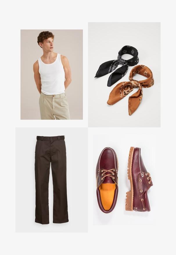 Valge puuvillane tank top ümarate kraega ja laia rihmaga, koos heleda beeži pükste paariga, mis on varustatud nupu ja volangidega.; Pruunid püksid sirge lõikega, millel on lapikud esipooled, vöökohaga silmused ja sile tekstuur. Lihtne disain ilma mustrite või aktsentideta.; Burgundia nahkkingad pruunide kummitaldadega, ümmarguse varbaga, valge tikandi ja kuldsete silmadega. Siseosa on kollase voodriga.; Kaks mustritud sallid: üks must valgete mustritega, teine pruun oranžide aktsentidega. Mõlemad on valmistatud satäänist ja neil on teravad otstest.