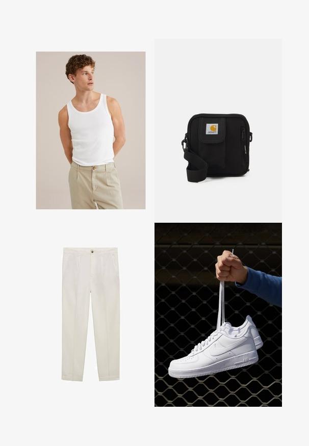 Valkoinen puuvillapaita, jossa on pyöreä kaula-aukko ja leveät hihnat, yhdistettynä vaaleanbeigeihin housuihin, joissa on nappi ja laskokset.; Mango Chinot - off-white; Valkoiset nahkasneakersit, joissa on rei'ityksiä, pyöreä kärki, tasapohja ja paksut nauhat, joissa on näkyvä swoosh-logo ja "AIR" kantapäässä.; Mustat olkalaukku, jossa on vetoketjullinen pääosasto, etutasku, säädettävä hihna ja näkyvä logo-merkki kannessa.