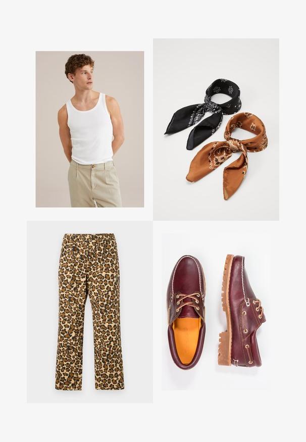 Witte katoenen tanktop met een ronde halslijn en brede bandjes, gecombineerd met lichtbeige broeken met een knoop en plooien.; Tijgerprint broek in bruin, tan en zwart. Voorzien van een elastische tailleband en een ontspannen, recht model. Lichtgewicht stof.; Bordeaux leren schoenen met bruine rubberen zolen, ronde neus, witte stiksels en gouden veterogen. Het interieur heeft een gele voering.; Twee gebloemde sjaals: de ene zwart met witte ontwerpen, de andere bruin met oranje accenten. Beide zijn van satijn gemaakt en hebben puntige uiteinden.