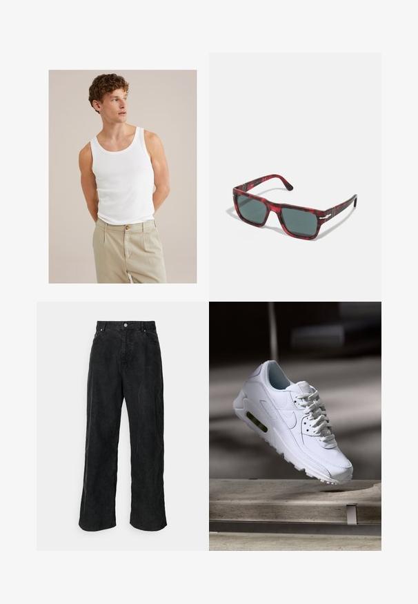 Top in cotone bianco con scollo tondo e spalline larghe, abbinato a pantaloni beige chiaro con bottone e pieghe.; Weekday ASTRO LOOSE BAGGY - Pantaloni - washed black; Sneaker bianco in pelle con superfici texture, collo imbottito e ammortizzazione d'aria visibile nella suola. Presenta lacci e un design minimalista.; Occhiali da sole rossi tartaruga con montatura quadrata e lenti verde scuro. Presentano dettagli in metallo argentato ai lati. Finitura testurizzata.
