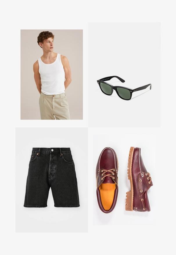White cotton tank top with a round neckline and wide straps, paired with light beige trousers featuring a button and pleats.; Black denim shorts featuring a high waist, five-pocket design, copper buttons, and a raw hem. The fabric has a slight texture with fading.; Burgundy leather shoes with brown rubber soles, round toe, white stitching, and gold eyelets. Interior features a yellow lining.; Black plastic sunglasses with green lenses, square frames, silver accent on the brow, and textured temple arms. Stated brand on inner arm.