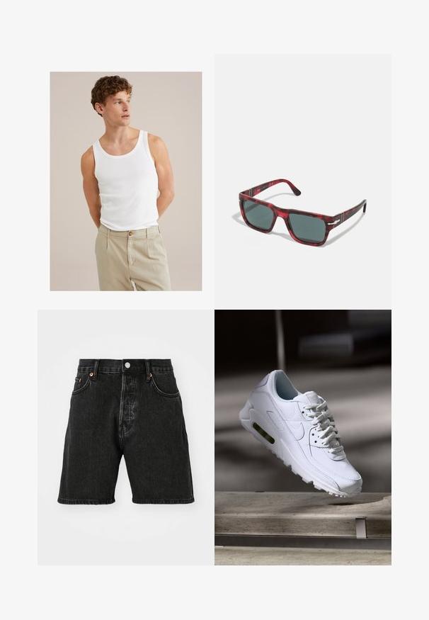 Top in cotone bianco con scollo tondo e spalline larghe, abbinato a pantaloni beige chiaro con bottone e pieghe.; Shorts di denim neri con vita alta, design a cinque tasche, bottoni in rame e orlo raw. Il tessuto presenta una leggera consistenza con sfumature sbiadite.; Sneaker bianco in pelle con superfici texture, collo imbottito e ammortizzazione d'aria visibile nella suola. Presenta lacci e un design minimalista.; Occhiali da sole rossi tartaruga con montatura quadrata e lenti verde scuro. Presentano dettagli in metallo argentato ai lati. Finitura testurizzata.