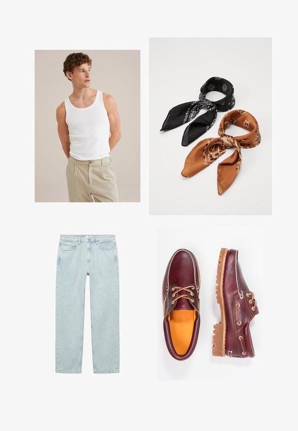 Biely bavlnený top bez rukávov s okrúhlym výstrihom a širokými ramienkami, spárovaný s svetlolososťovými nohavicami s gombíkom a záhybmi.; Svetlomodré džíny z denimu s uvoľneným strihom, rovnými nohavicami, piatimi vreckami a kovovým zapínaním na gumu.; Bordové kožené topánky s hnedými gumovými podrážkami, okrúhlou špičkou, bielym prešívaním a zlatými kovaniami. Interiér má žlté podšívku.; Dvoje šatky s vzorom: jedna čierna s bielymi motívmi, druhá hnedá s oranžovými akcentmi. Obe sú vyrobené zo saténu a majú špicaté konce.