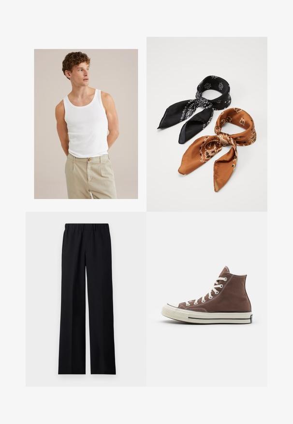 Biely bavlnený top bez rukávov s okrúhlym výstrihom a širokými ramienkami, spárovaný s svetlolososťovými nohavicami s gombíkom a záhybmi.; sandro LARGE - Nohavice - noir; Hnedé canvas tenisky s vysokým strihom, biele šnúrky, gumená špička a čierny pruh na podrážke. Vlastnosti zahŕňajú biele šitie a klasický dizajn.; Dvoje šatky s vzorom: jedna čierna s bielymi motívmi, druhá hnedá s oranžovými akcentmi. Obe sú vyrobené zo saténu a majú špicaté konce.