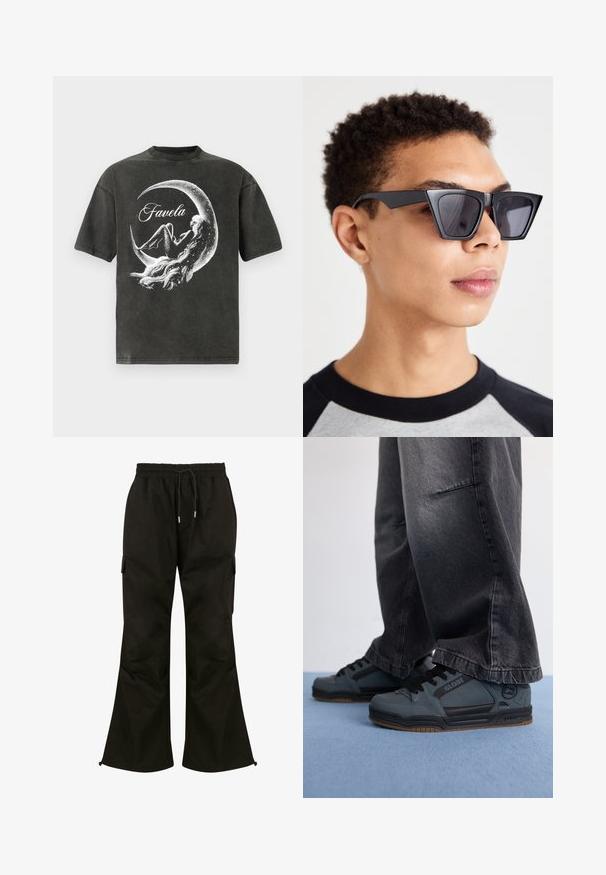 T-shirt nera oversize realizzata in cotone morbido, con una grafica che presenta una luna e la parola "Favela" in bianco.; Pantaloni cargo neri con un design a gamba larga, cintura elastica, cordoncino regolabile e tasche laterali. Realizzati in un tessuto liscio e resistente.; Globe TILT - Scarpe skate - storm grey/black; Occhiali da sole neri angolari con lenti scure, caratterizzati da un audace design geometrico e una finitura opaca. Indossati da una persona con capelli corti.