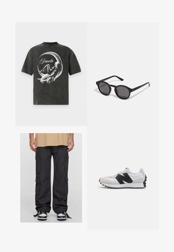 Camiseta negra de gran tamaño hecha de algodón suave con un diseño gráfico que presenta una luna y la palabra "Favela" en blanco.; Pantalones cargo negros de algodón, con múltiples bolsillos laterales, un corte holgado y lazos ajustables en los tobillos. Combinados con zapatillas negras y blancas.; Zapatillas de running clásicas en gris, negro y blanco. Parte superior de ante y malla, suela de goma negra texturizada y logotipo prominente en el lateral.; Gafas de sol negras con un marco redondo, ligeramente ondulado, lentes oscuros y varillas rectas negras. Acabado liso y brillante sin patrones visibles.