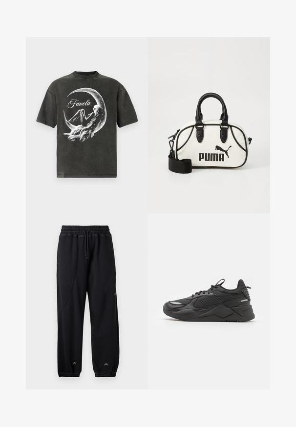 Fekete, túlnőtt póló, puha pamutból készült, grafikus mintával, amelyen egy hold és a "Favela" szó fehér színben szerepel.; Fekete melegítőnadrág, rugalmas derékkal és húzózsinórral. Oldalsó zsebekkel és rugalmas mandzsettával rendelkezik, puha anyagból készült.; Fekete sportcipő textúrált felsőrésszel, amely hálós és szintetikus anyagokból készült, vastag talppal és fényvisszaverő elemekkel a jobb láthatóság érdekében.; Fehér kézitáska fekete kiegészítőkkel, Puma logóval. Rövid, kerek fogantyúk és levehető pánt, texturált szintetikus anyagból készült.