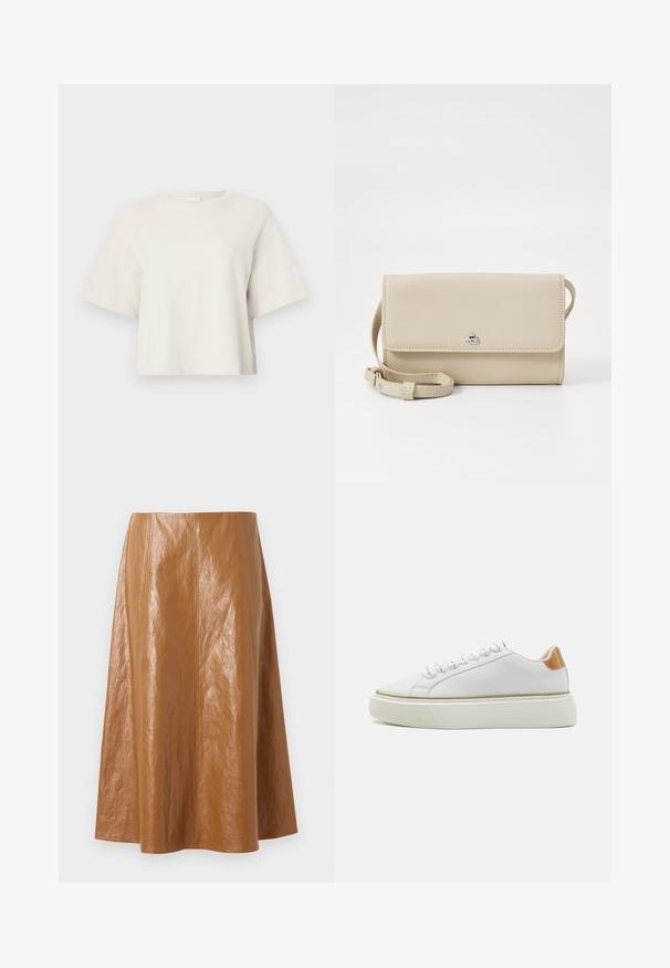 Cremfarbener, gekürzter T-Shirt aus Rippstoff, mit rundem Ausschnitt und kurzen Ärmeln in lockerer Passform.; Brauer Leder-Midi-Rock mit einer glatten, glänzenden Textur, der vertikale Nähte und ein ausgestelltes Design aufweist, das direkt unter dem Knie endet.; Weißer Sneaker mit einem glatten Lederobermaterial, strukturierter Gummisohle, abgerundetem Zeh und einem reflektierenden Akzentdetail an der Ferse.; Beige Leder Schultertasche mit Klappenverschluss, silbernen Beschlägen und einem abnehmbaren Tragegurt. Glatte Oberfläche und einfache rechteckige Form.