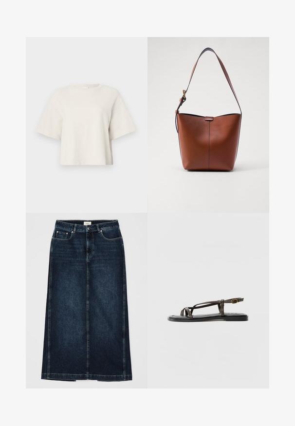 T-shirt cropped color crema realizzato in tessuto a coste, con scollatura rotonda e maniche corte in una vestibilità rilassata.; Gonna in denim scuro con forma dritta, lunghezza al ginocchio. Presenta tasche frontali, chiusura con zip e dettagli di cucitura discreti lungo le cuciture.; Sandal in pelle marrone con cinturini incrociati, fibbia regolabile alla caviglia, suola piatta e una texture liscia sulla soletta.; Borsa a spalla in pelle marrone con forma curvata, texture liscia e una sottile tracolla. Presenta una cucitura discreta e un piccolo dettaglio con logo.