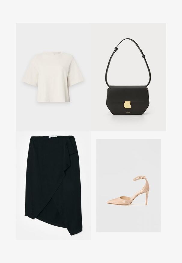 Krémový skrátený tričko vyrobené z rebrovanej látky, s okrúhlym výstrihom a krátkymi rukávmi v uvoľnenom strihu.; Čierna sukňa do áčka z ľahkej tkaniny s jemnou textúrou. Asymetrický lem a detail bočných skladov. Žiadny viditeľný hardvér alebo akcenty.; Naha lesklá kožená topánka s ostrou špičkou a remienkom okolo členka, s ihlovým podpätkom, s hladkým povrchom a minimalistickým dizajnom.; CLOSED CLOSED ONE - Taška cez plece - black