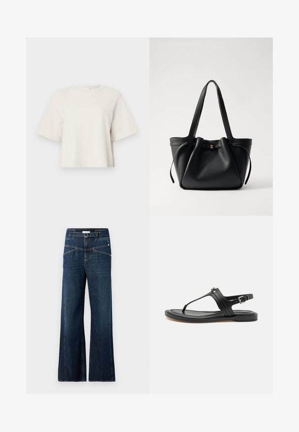 Cream-colored cropped t-shirt made from ribbed fabric, featuring a round neckline and short sleeves with a relaxed fit.; Wide-leg jeans made of dark blue denim, featuring a high waistband, two front pockets, and contrasting stitching detail.; Black leather thong sandal with a secure ankle strap, featuring a smooth surface, flat sole, and a silver buckle detail.; Black leather tote bag with two long straps, a cinched top, and a gold circular accent. Smooth texture with a minimalist design.