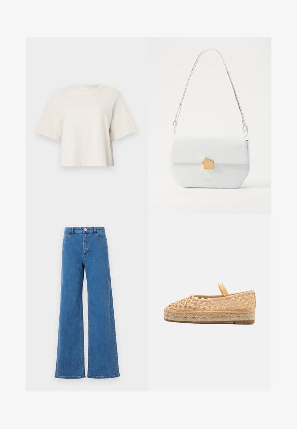 Kreminės spalvos trumpas marškinėlis, pagamintas iš gurguliuojančio audinio, su apvalia kaklo linija ir trumpomis rankovėmis, pasižymintis laisvu siluetu.; Platūs mėlynos džinsų kelnių blauzdos su aukšta juosmens linija, priekiniais kišenėmis ir mygtuko uždarymu. Audinys turi lygų paviršių ir klasikinių siūlių raštą.; Loeffler Randall KAYLA - Espadrilės - natural; Balta odinė petneša su geometriniu auksiniu užsegimu, plokščias dizainas ir pailga dirželio. Savybės - švarios linijos ir blizgučio tekstūra.