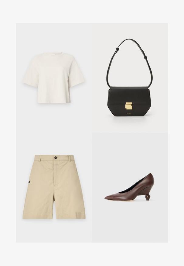 Karamelfarvet cropped t-shirt lavet af ribbet stof, med rund halsudskæring og korte ærmer i en afslappet pasform.; Beige bomuldsbukser med en almindelig pasform, knaplukning, sidelommer og subtile syninger. Glat tekstur og knælangt design.; Brune læder wedge pumpe med spids tå og en rund, kugleformet hæl. Glat tekstur med et enkelt design og minimalt med detaljer.; CLOSED CLOSED ONE - Skuldertasker - black