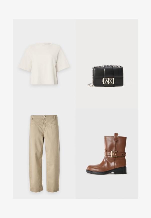 Krämm färgad cropped t-shirt tillverkad i ribbat tyg, med rund halsringning och korta ärmar i avslappnad passform.; Beige bomullshängsel med rak ben-design, som har en frontknappslåsningsfunktion och minimala sömnadsdetaljer längs midjan och fickorna.; Brun läderankleboot med rund tå, guldspänne på remmen och en låg, texturerad svart klack. Enkel och stilren design.; Svart läderhandväska med quiltat mönster, silverkedjesnor och en framträdande silver "AX"-logotyp på framsidan. Kompakt rektangulär form.