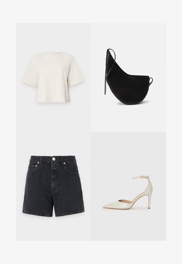 Krémové zkrácené tričko vyrobené z žebrované tkaniny, s kulatým výstřihem a krátkými rukávy v uvolněném střihu.; CLOSED JANEY - Džínové kraťasy - dark grey; Bílé kožené lodičky na vysokém podpatku s špičatou špičkou, kotníkovým páskem a štíhlým jehlovým podpatkem. Hladká textura s mírným lesklým povrchem.; Černá kožená kabelka s zakřiveným slunečníkovým tvarem, vybavená štíhlým popruhem a decentním zlatým logem na přední straně. Hladký povrch s minimálním kováním.