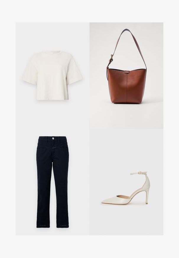 Cream-colored cropped t-shirt made from ribbed fabric, featuring a round neckline and short sleeves with a relaxed fit.; Navy blue pants made of stretch cotton with a straight-leg design, front pockets, and a button closure at the waist.; White leather high-heeled shoe with a pointed toe, ankle strap, and a slim stiletto heel. Smooth texture with subtle glossy finish.; Brown leather shoulder bag with a curved shape, smooth texture, and a single thin strap. Features a subtle seam and a small logo detail.