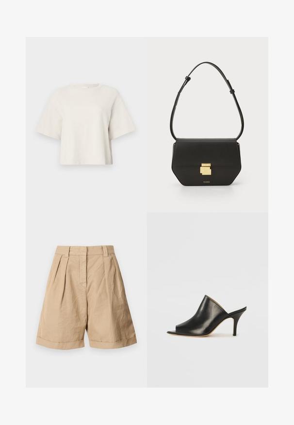 Cream-colored cropped t-shirt made from ribbed fabric, featuring a round neckline and short sleeves with a relaxed fit.; Beige linen shorts with a high waist, two front pleats, and rolled cuffs. Smooth texture with a tailored design.; Black leather open-toe mule with a sleek, curved design, high stiletto heel, and smooth texture. The interior features a contrasting light color.; CLOSED CLOSED ONE - Cross body bag - black