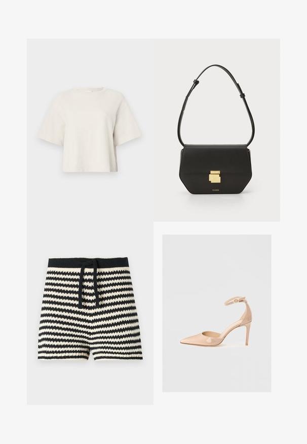 Tejszínű, rövid fazonú póló bordázott anyagból, kerek nyakkivágással és rövid ujjakkal, laza szabással.; CLOSED Rövidnadrágok - black; Meztelen színű, lakk bőr, hegyesorrú cipő bokapánttal és stiletto sarkal, sima textúrával és minimalista dizájnnal. ; CLOSED CLOSED ONE - Keresztpántos táska - black
