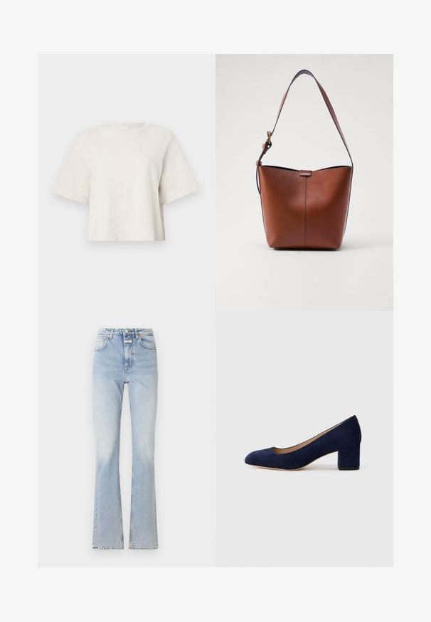 Kreminės spalvos trumpas marškinėlis, pagamintas iš gurguliuojančio audinio, su apvalia kaklo linija ir trumpomis rankovėmis, pasižymintis laisvu siluetu.; Šviesiai mėlynos džinsinės kelnės su aukštu juosmeniu, platėjančiomis kojomis ir švelniu nudilimo efektu. Su mygtuko ir užtrauktuko uždarymu, turi penkias kišenes.; Tamsiai mėlynos zomšos bateliai su smailiu nykščiu ir vidutinio aukščio blokiniu kulnu. Lygi tekstūra su subtiliu blizgesiu ir mažas įpjovimas priekyje.; Ruda odinė petinė rankinė su kreivam formu, lygia tekstūra ir viena plona juosta. Yra švelni siūlė ir mažas logotipo elementas.