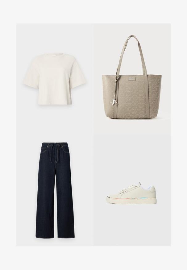 Kremfarget, kort t-skjorte laget av ribbestrikket stoff, med rund hals og korte ermer i en avslappet passform.; Mørkeblå vide denimbukser med snøring i livet, standard fem-lomme design og kontrasterende sømdetaljer.; Off-white lav top sneaker med snøring, hvit innvendig fôr og subtilt flerfarget trim langs sålekanten, sidevisning.; Beige tote bag laget av teksturert syntetisk materiale, med et altomfattende geometrisk mønster, doble håndtak og en sølvvedheng.